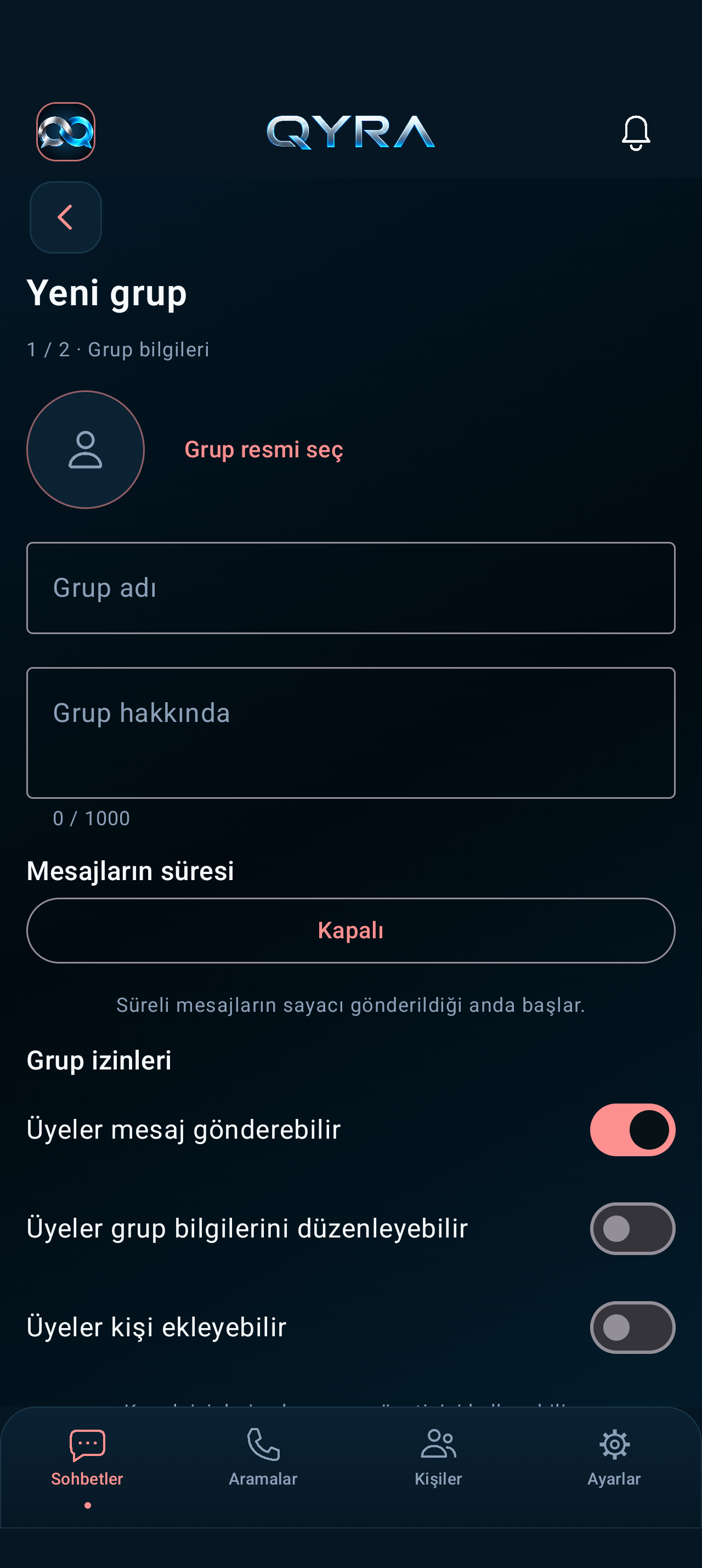 QYRA Grup oluştur: örnek verilerle arayüz testi