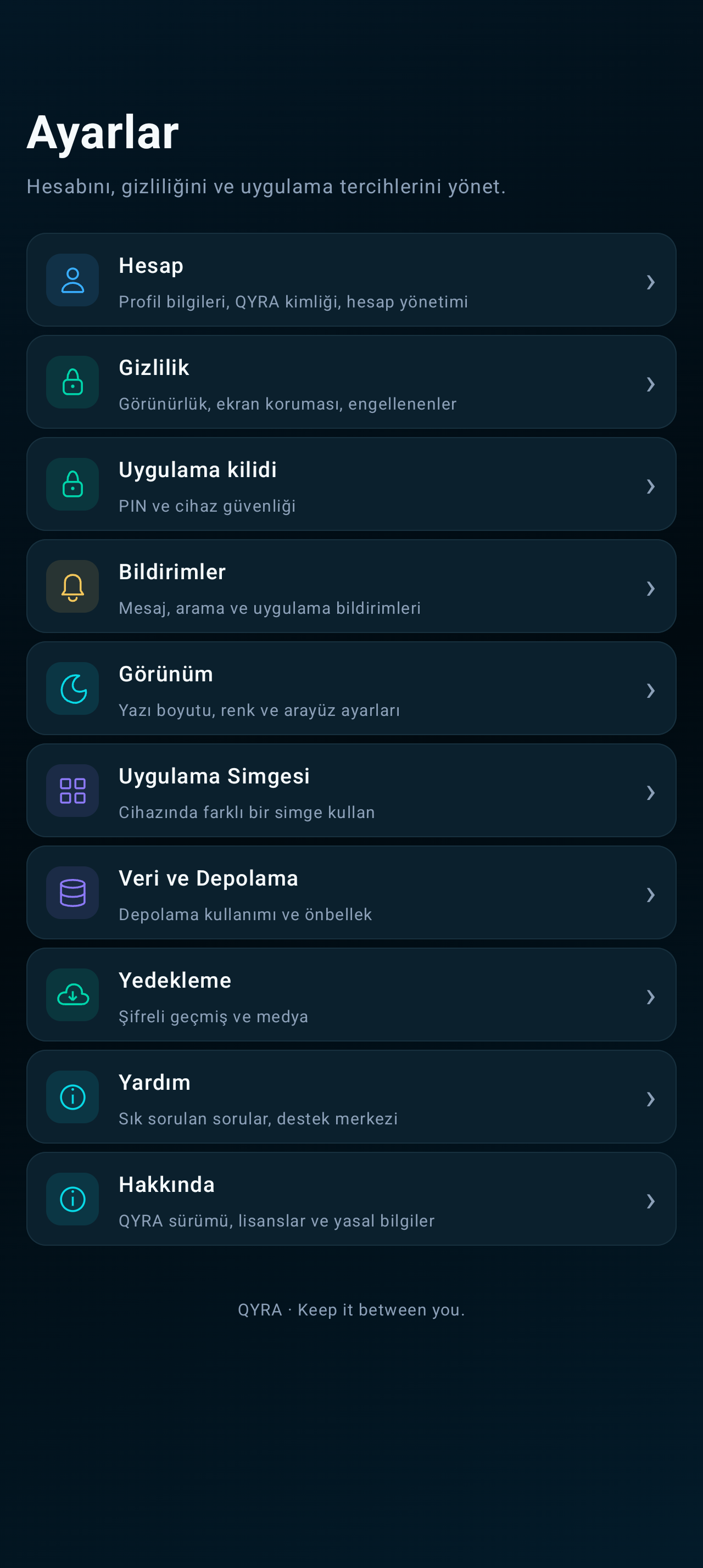 QYRA Ayarlar: örnek verilerle arayüz testi